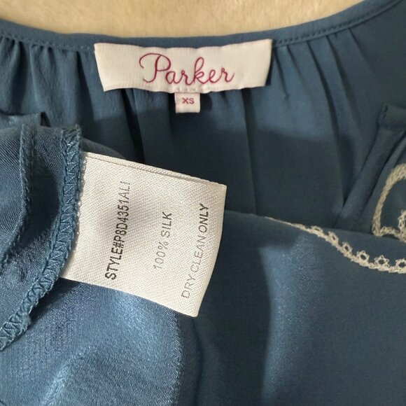 Parker Top Women's Extra Small Embroidered Silk Blouse Long Ruffle Sleeve‎ Blue - Picture 6 of 13
